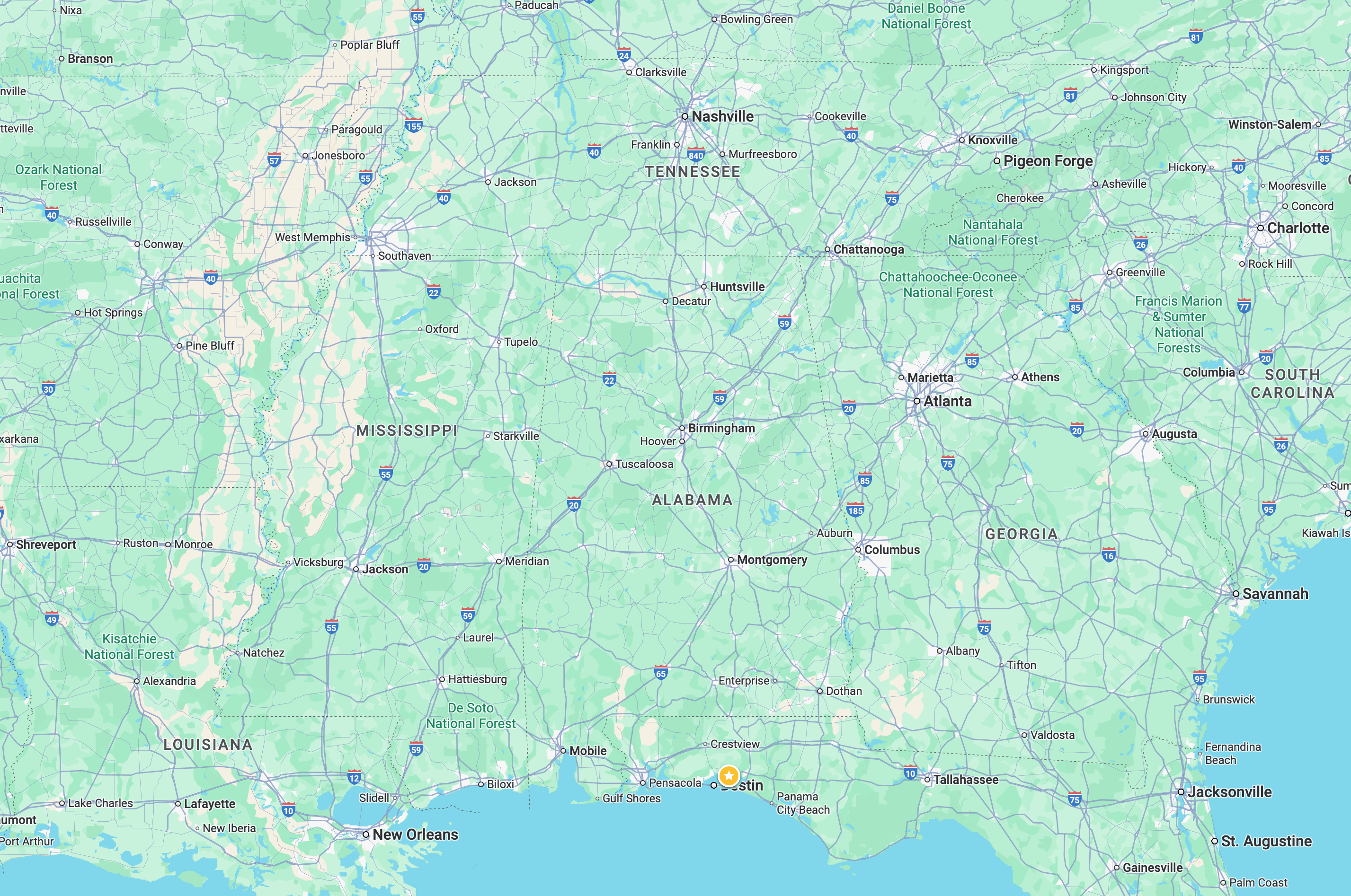 Map of the southeastern United States with various cities labeled.